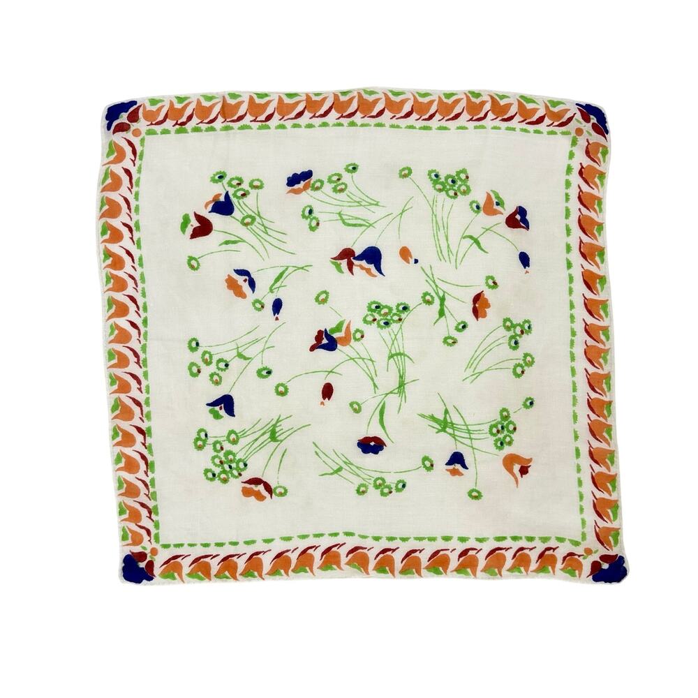 Vintage 1940s Cotton Tulip Print Handkerchief Orange Blue Rust Red Border - Picture 1 of 7